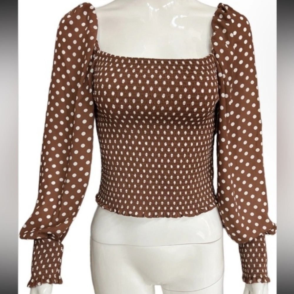 NWT Gianni Bini Smocked Polka Dot Brown And White Top, M